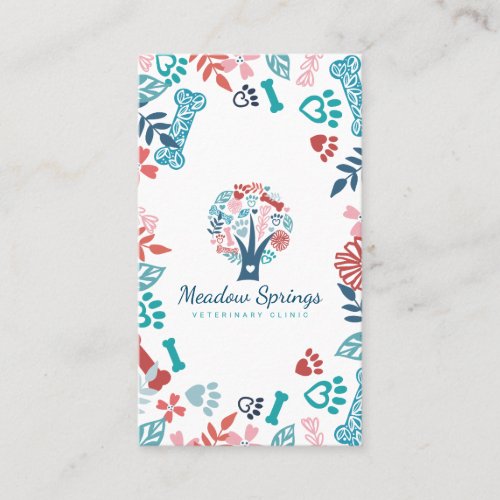 Floral  Foliage Pet Paw Print Pattern Tree White Business Card