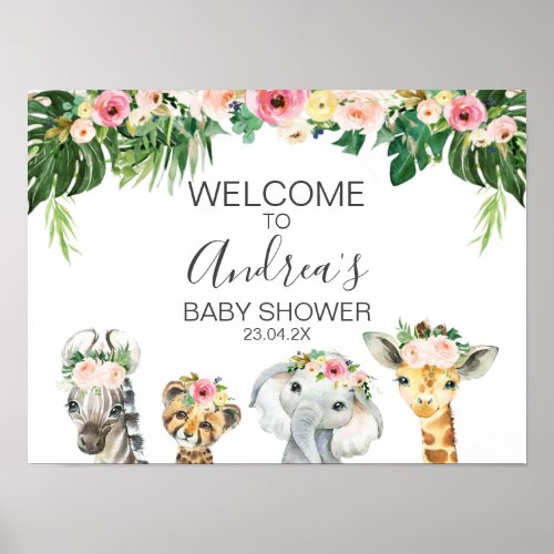 Floral Foliage Safari Animals Baby Shower Welcome  Poster