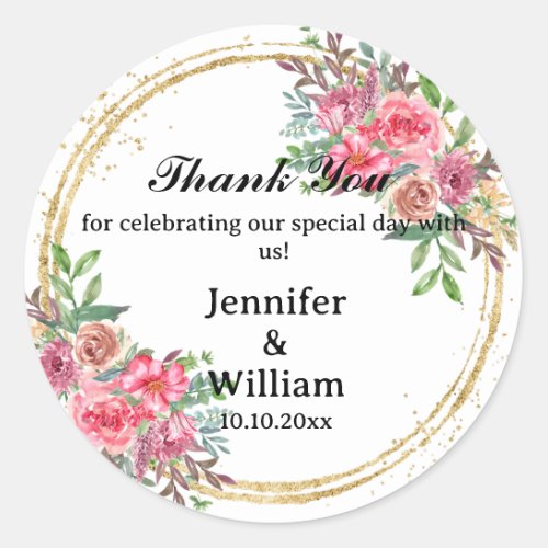Floral Foliage Thank You Wedding Business Birthday Classic Round Sticker