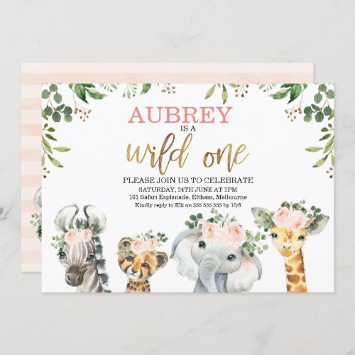 Floral Foliage Wild One Safari Animals Birthday Invitation