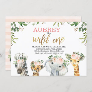 Floral Foliage Wild One Safari Animals Birthday Invitation