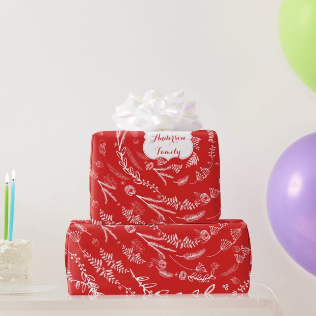 Floral Folk Art Antler Red Christmas Pattern Wrapping Paper (Party Gifts)