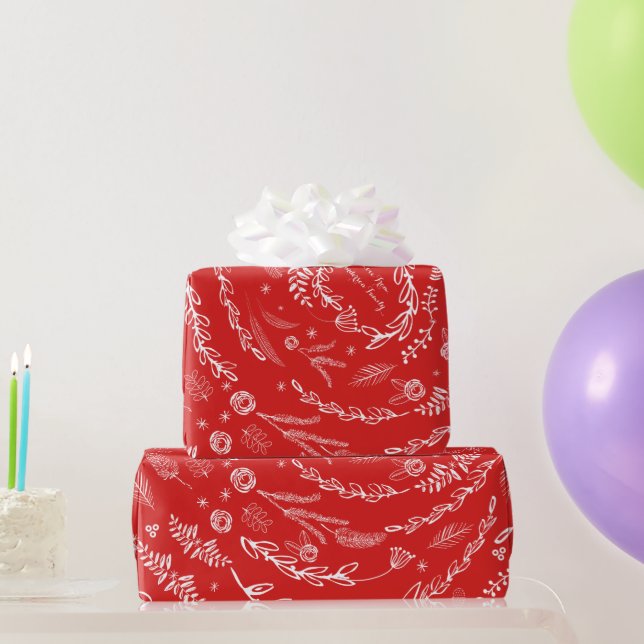 Floral Folk Art Antler Red Christmas Pattern Wrapping Paper (Party Gifts)