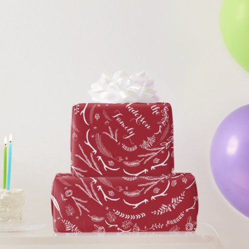 Floral Folk Art Antler Red Christmas Pattern Wrapping Paper
