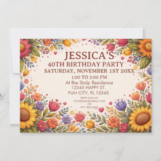Floral Folk Art Birthday Invitation