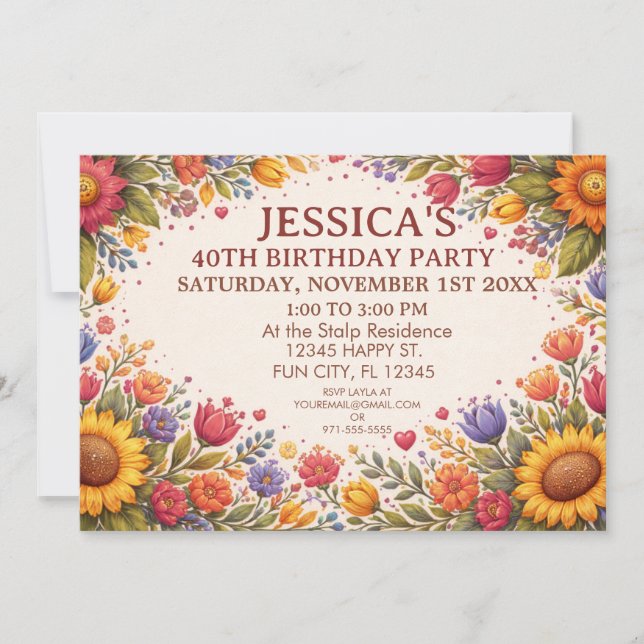 Floral Folk Art Birthday  Invitation (Front)