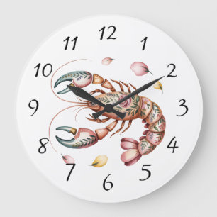 Floral Folk Art Lobster Illustration Large Clock