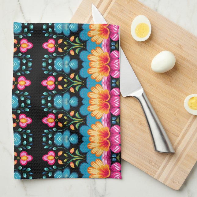 Floral Folk Art Modern Kitchen Towel (Quarter Fold)