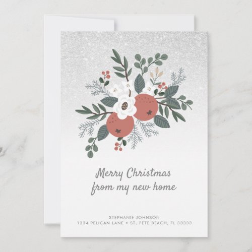 Floral Folk Art Silver Glitter Holiday Moving Card