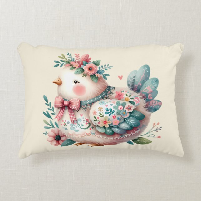 Floral Folk Bird with Pastel Boho Charm Accent Pillow (Front)