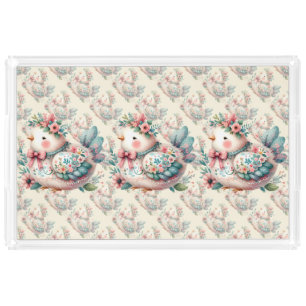 Floral Folk Bird with Pastel Boho Charm Acrylic Tray