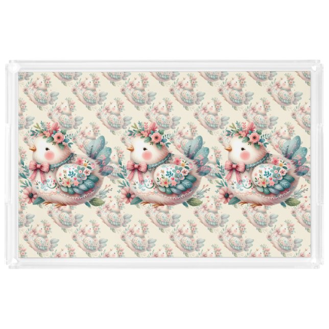 Floral Folk Bird with Pastel Boho Charm Acrylic Tray (Front)