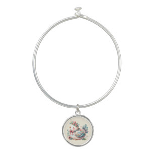 Floral Folk Bird with Pastel Boho Charm Bangle Bracelet