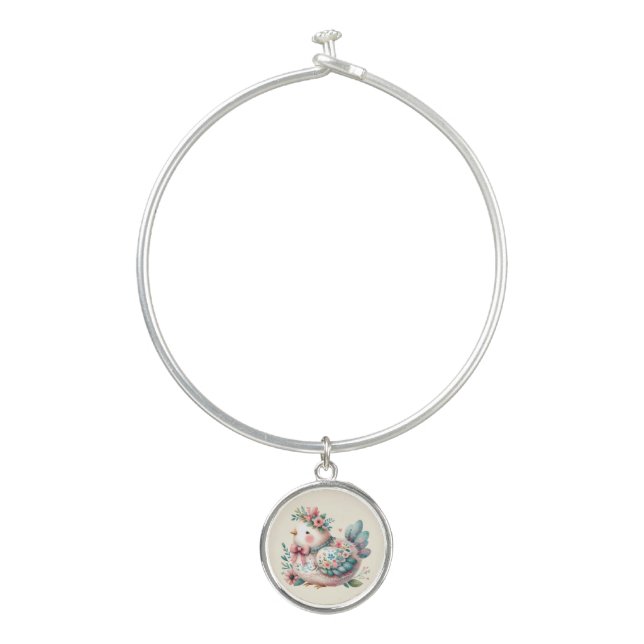 Floral Folk Bird with Pastel Boho Charm Bangle Bracelet (Front)