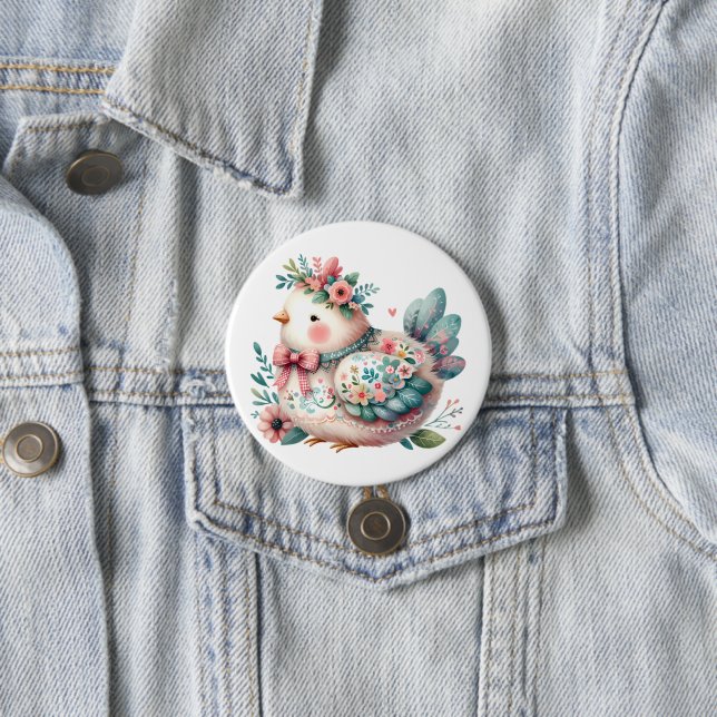 Floral Folk Bird with Pastel Boho Charm Button (In Situ)
