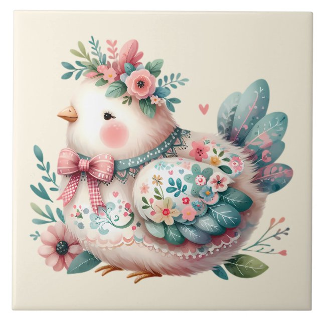 Floral Folk Bird with Pastel Boho Charm Ceramic Tile (Front)