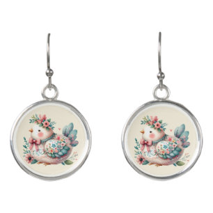 Floral Folk Bird with Pastel Boho Charm Earrings