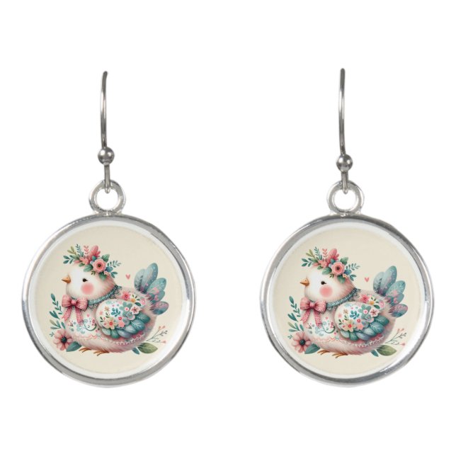 Floral Folk Bird with Pastel Boho Charm Earrings (Front)