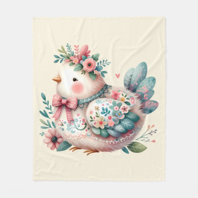 Floral Folk Bird with Pastel Boho Charm Fleece Blanket (Front)
