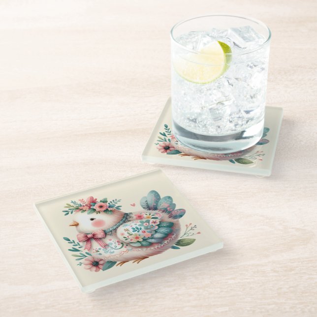 Floral Folk Bird with Pastel Boho Charm Glass Coaster (Angled)