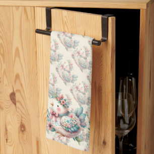 Floral Folk Bird with Pastel Boho Charm Kitchen Towel