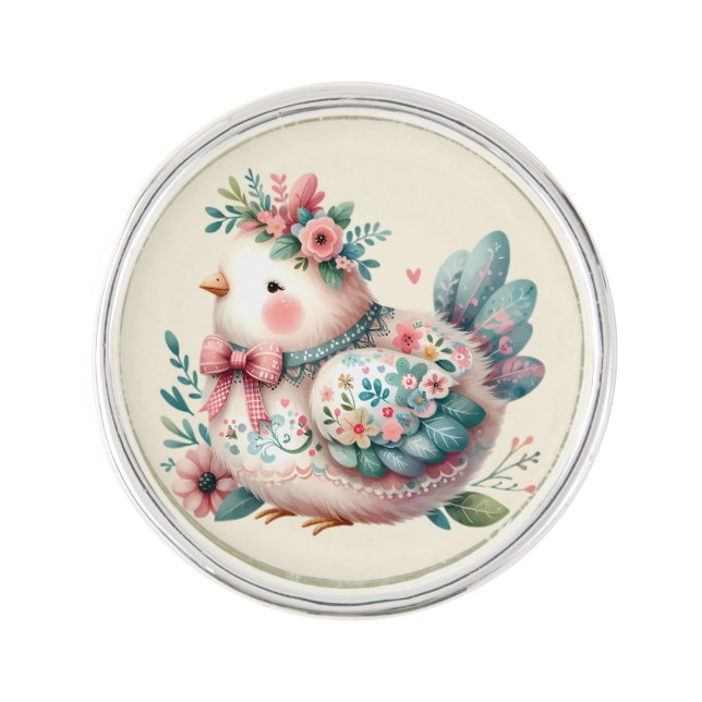 Floral Folk Bird with Pastel Boho Charm Lapel Pin (Front)