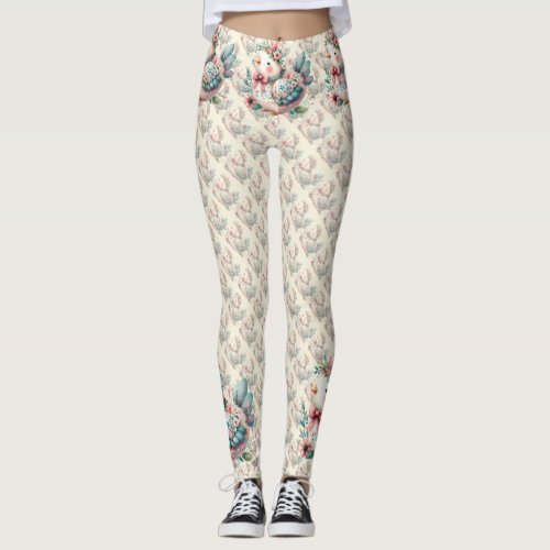 Floral Folk Bird with Pastel Boho Charm Leggings