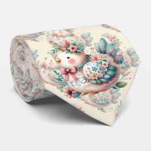 Floral Folk Bird with Pastel Boho Charm Neck Tie