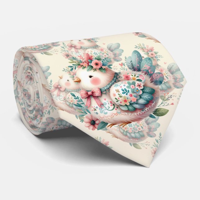 Floral Folk Bird with Pastel Boho Charm Neck Tie (Rolled)