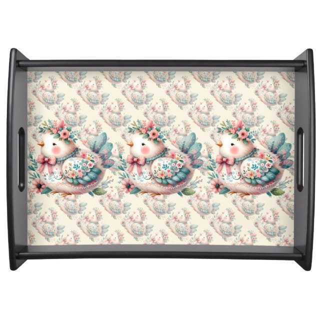 Floral Folk Bird with Pastel Boho Charm Serving Tray (Front)