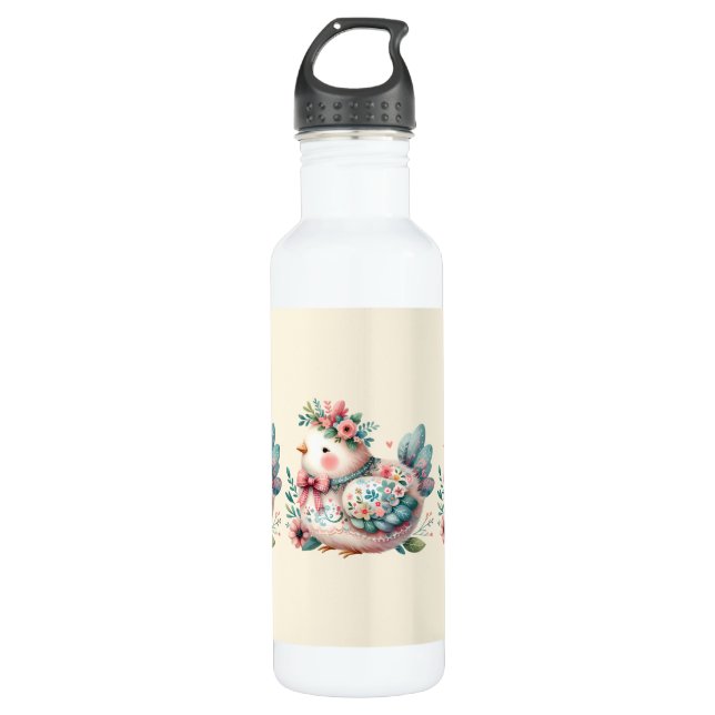 Floral Folk Bird with Pastel Boho Charm Stainless Steel Water Bottle (Front)