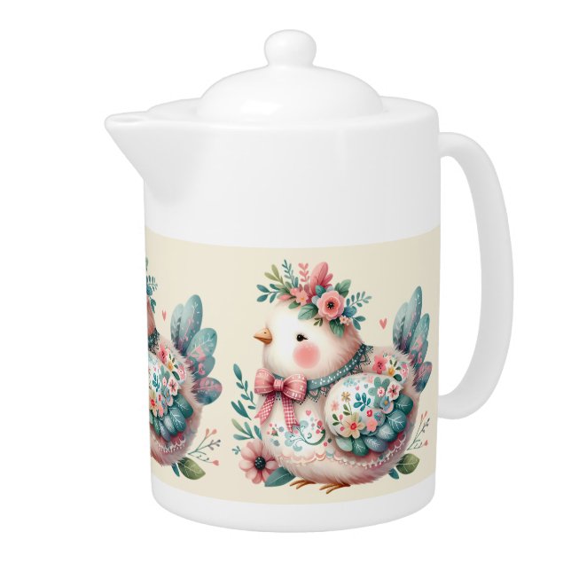 Floral Folk Bird with Pastel Boho Charm Teapot (Right)