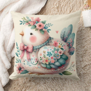 Floral Folk Bird with Pastel Boho Charm Throw Pillow