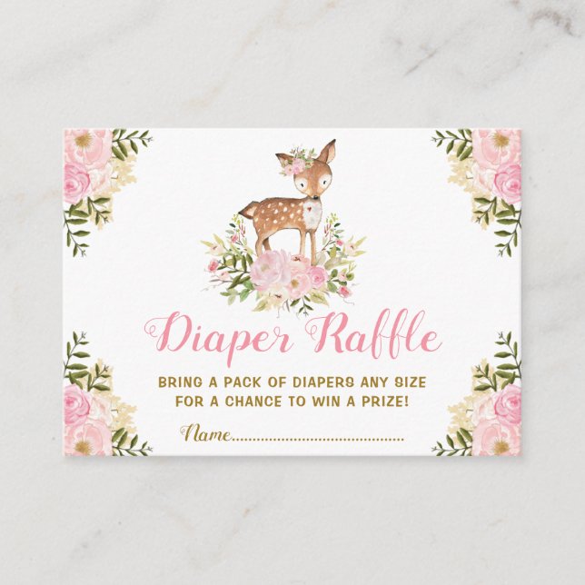 Floral Forest Deer Diaper Raffle Girl Baby Shower Enclosure Card (Front)