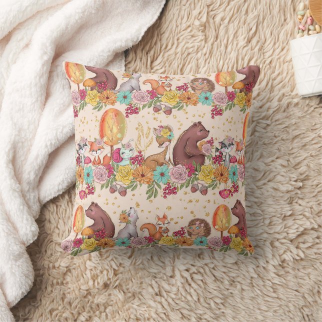 Floral Forest Friends Woodland Animals Pattern Throw Pillow (Blanket)