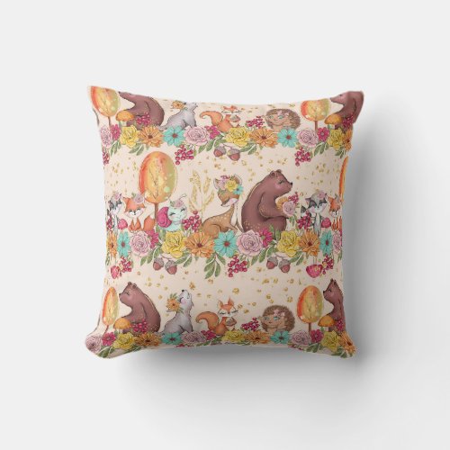 Floral Forest Friends Woodland Animals Pattern Throw Pillow