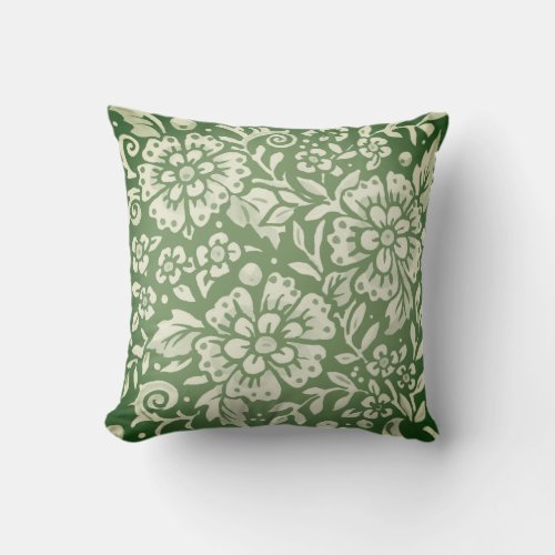 Floral Forest Green Foliage Bold Flower Damask  Throw Pillow