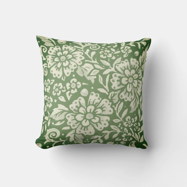 Floral Forest Green Foliage Bold Flower Damask  Throw Pillow (Front)