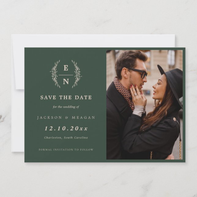 Floral Forest Green Stacked Initials Monogram  Save The Date (Front)