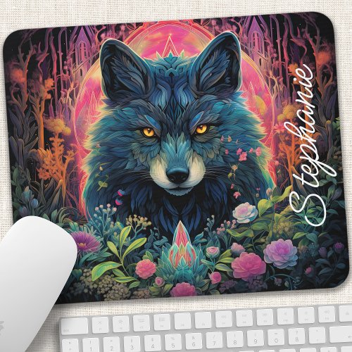 Floral Forest Wolf Mouse Pad