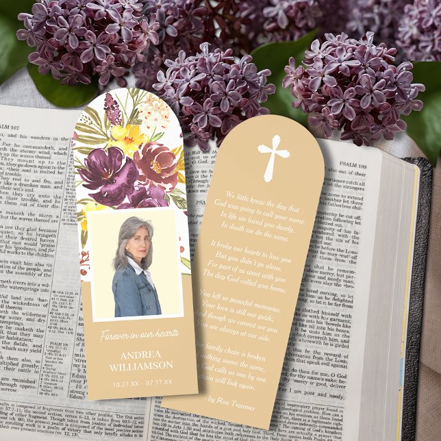 Floral Forever in our Hearts Photo Funeral Bookmarks (Floral Forever in our Hearts photo funeral bookmarks with poem or prayer on the back)