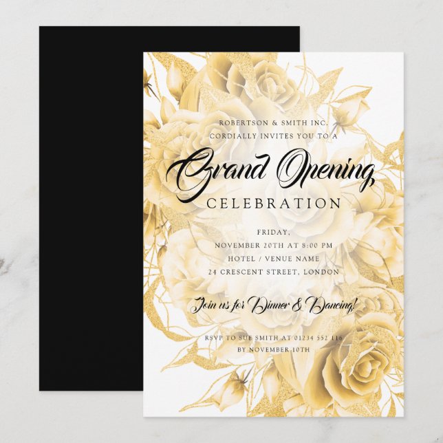 Floral Formal Corporate Grand Opening Gold  Invitation (Front/Back)