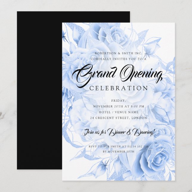 Floral Formal Corporate Grand Opening Navy Blue  Invitation (Front/Back)