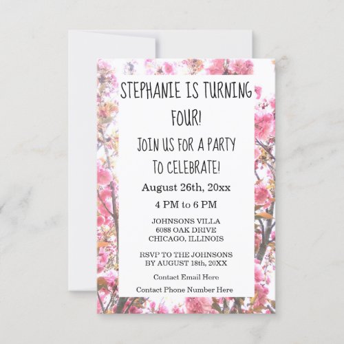 Floral Fourth Birthday Party Pink Cherry Blossom Invitation