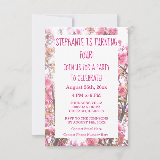 Floral Fourth Birthday Pink Cherry Blossom Cute Invitation (Front)