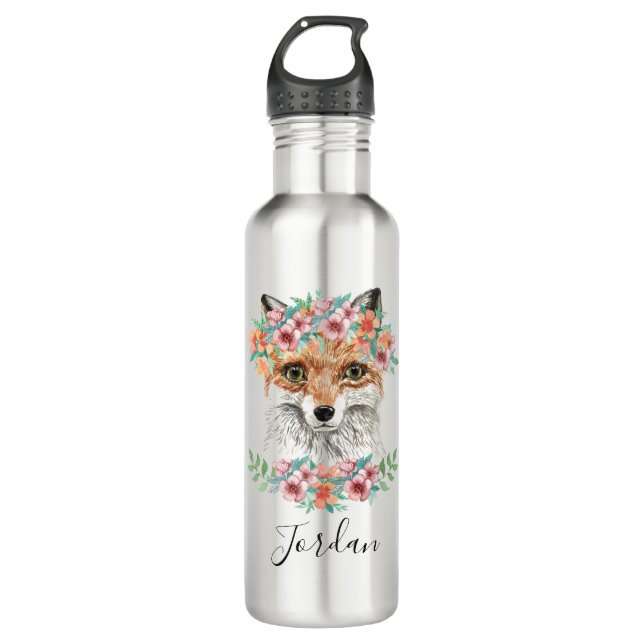 Floral Fox | Add Your Name Stainless Steel Water Bottle (Front)
