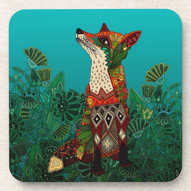 floral fox beverage coaster (Front)