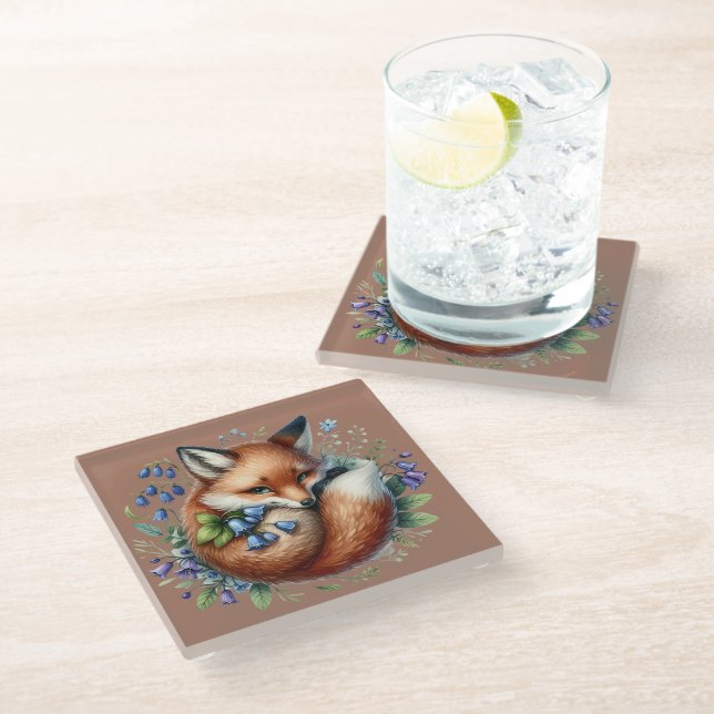Floral Fox Botanical Woodland Art Glass Coaster (Angled)