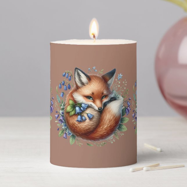 Floral Fox Botanical Woodland Art Pillar Candle (In Situ)