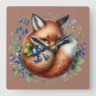 Floral Fox Botanical Woodland Art Square Wall Clock